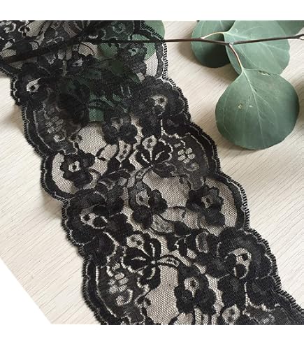 Black Stretch Lace Ribbon With Floral Pattern - 6 Inches Wide, 5 Yards, For Wedding Decor, DIY Crafts - View #3