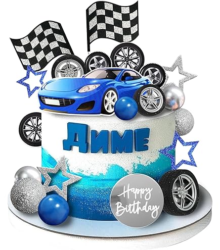 Kit Décoration Gâteau Voiture 21 Pièces - Volant, Casque, Pneus, Drapeaux, Boules - Pour Anniversaire Thème Automobile - Non Comestible
