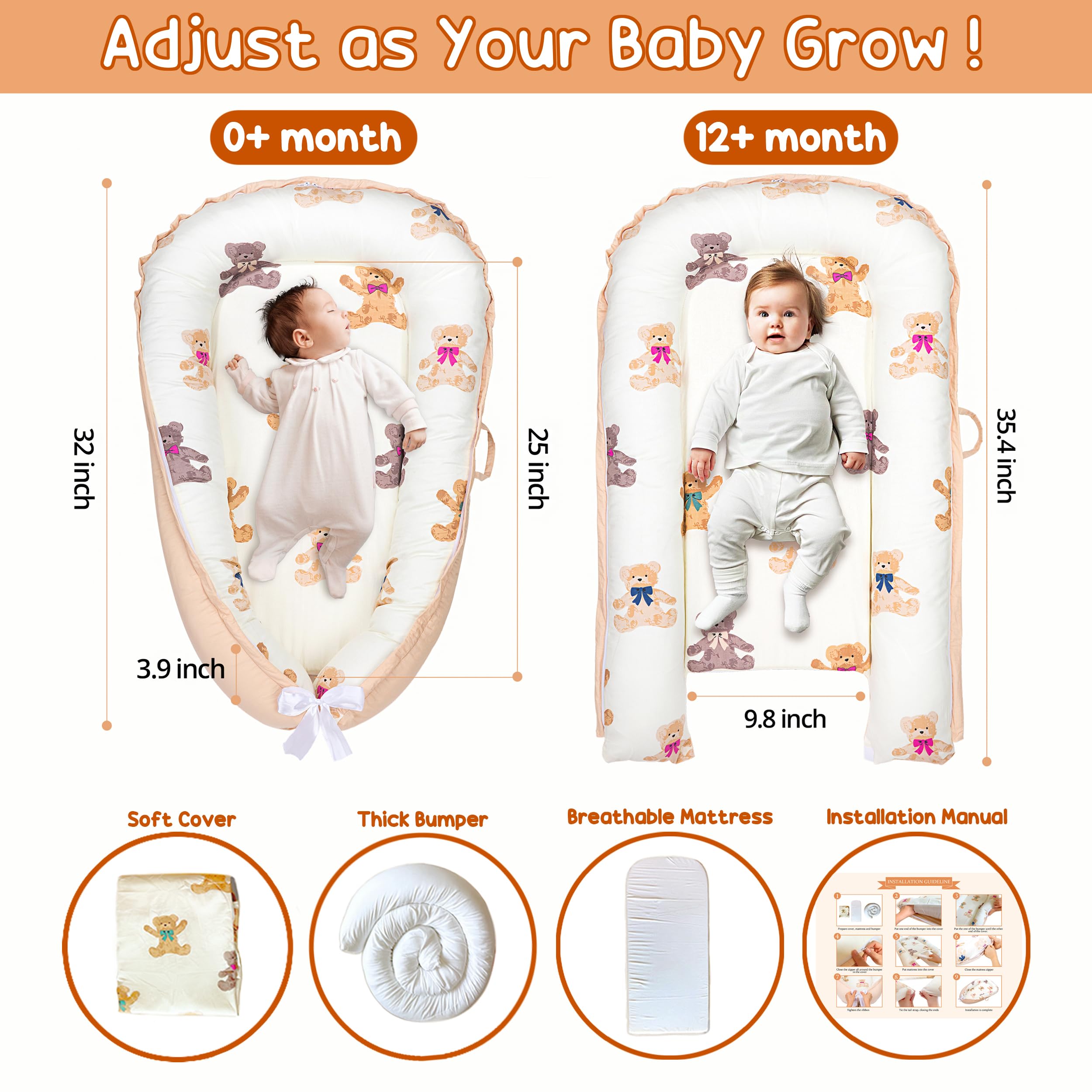 Baby Lounger for Newborn 0–24 Months, Baby Pillow & Baby Nest Lounger, Organic Cotton Breathable Infant Pillow, Portable Baby Nest for Home & Travel