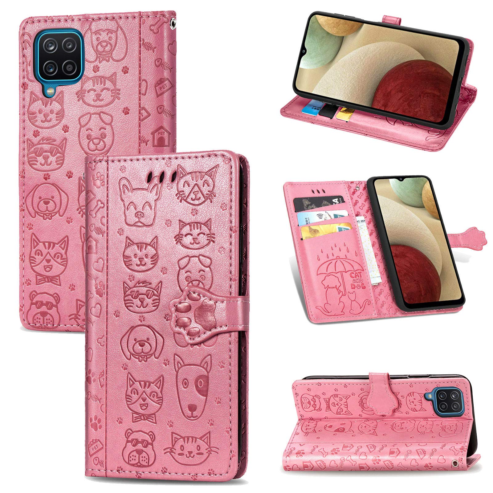 JIUNINE Case for Samsung Galaxy A12 / M12, Premium Leather Wallet Flip Case Shockproof Cover with Cartoon Pattern [Card Holder] [Magnetic Closure] [TPU Inner Shell] for Samsung Galaxy A12, Pink