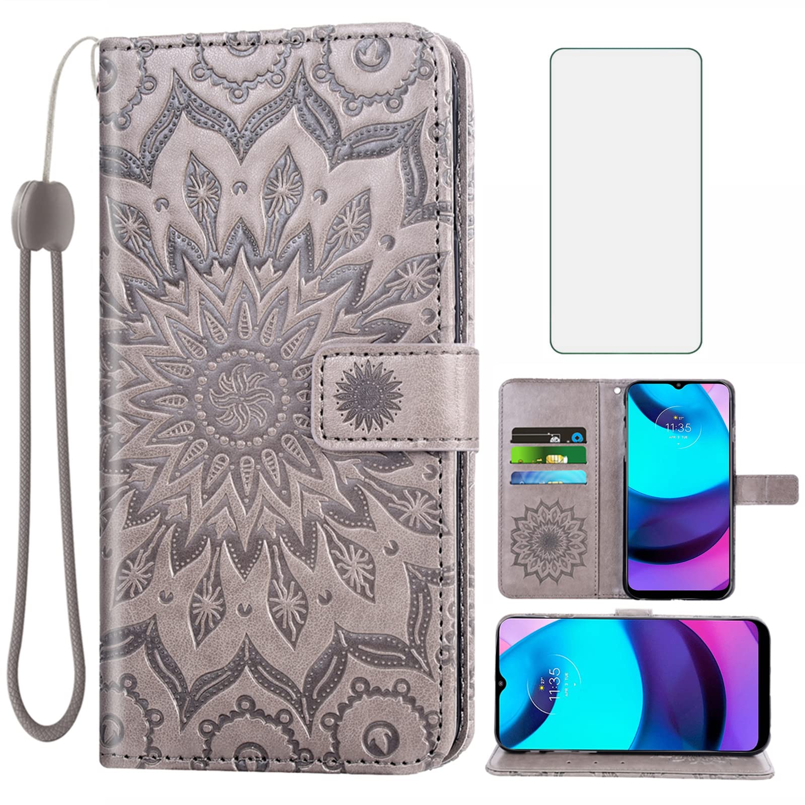 Asuwish Phone Case for Motorola Moto E20 / E30 / E40 Wallet with Tempered Glass Screen Protector and Leather Slim Flip Cover Card Holder Stand Cell Accessories MotoE20 MotoE30 MotoE40 Women Men Gray