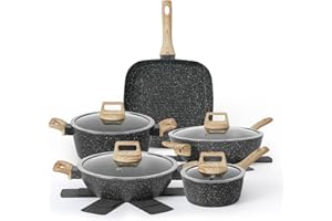 SODAY 13Pcs Pots and Pans Set Nonstick Cookware Sets, Black Granite Induction Cookware Non Stick Cooking Set with Frying Pans & Saucepans(Non PFOS, PFOA)