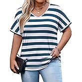 IN'VOLAND Women's Plus Size Tops Short Sleeve Tee Shirt V Neck Loose Fit Striped Shirt Summer Casual Blouses