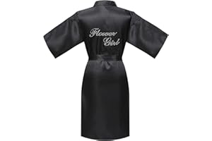 ALHAVONE Rhinestone Flower Girl Silky Satin Solid Color Short Kimono Robe for Wedding Birthday Party Spa
