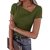 PRETTYGARDEN Women's 2026 Summer Asymmetrical Y2K Tops Trendy Ribbed Short Sleeve Fitted Tee Shirts Spring Fashion Clothing