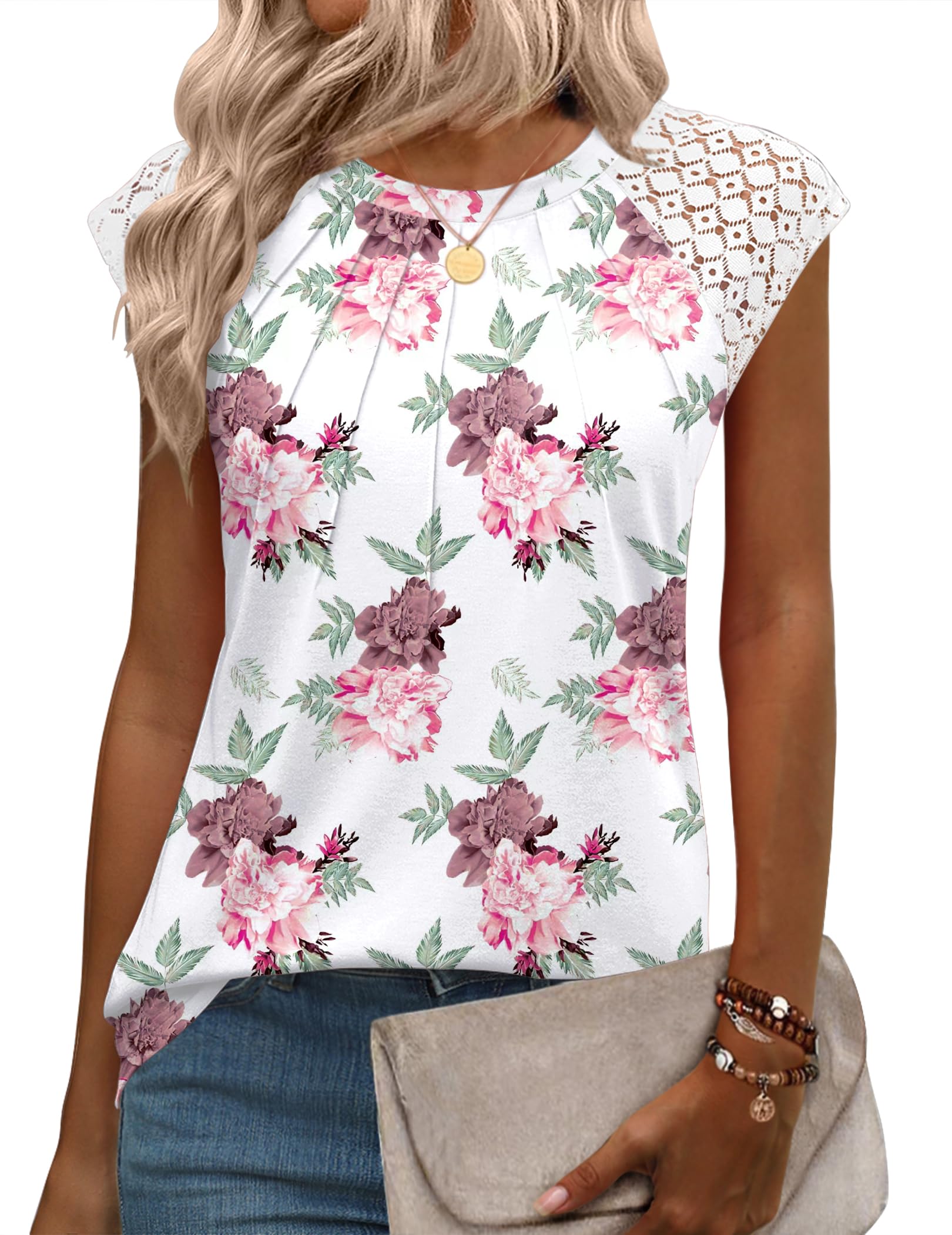 Photo 1 of Zeagoo Womens Summer Tops 2025 Loose Fit Cap Sleeve Tops Shirts Summer Spring Dressy Casual Tank Tops Floral White