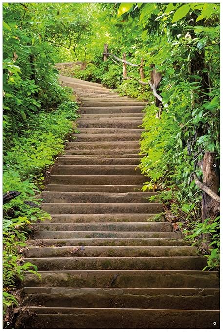 Wallario Garten-Poster Outdoor-Poster - Steintreppe im Wald in Premiumqualität, Größe: 61 x 91,5 cm, für den Außeneinsatz gee