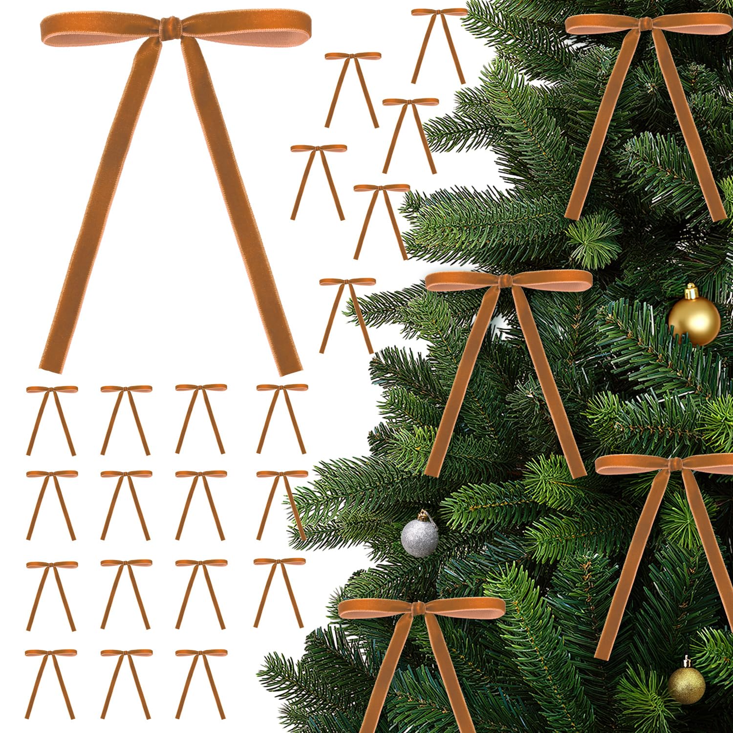 Photo 1 of 24 Pcs Camel Velvet Christmas Bows, 5x7 Inch Small Vintage Brown Bronze Pre-Tied Ribbon Bows (3/8" Wide) for Tree Ornaments, Wreaths, Door, Garland, Holiday Decorations, Gift Wrapping