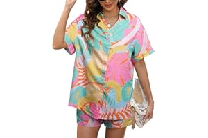 KIDDAD Women's Summer 2 Piece Vacation Outfits Tropical Printed Short Sleeve Hawaiian Shirt and Shorts