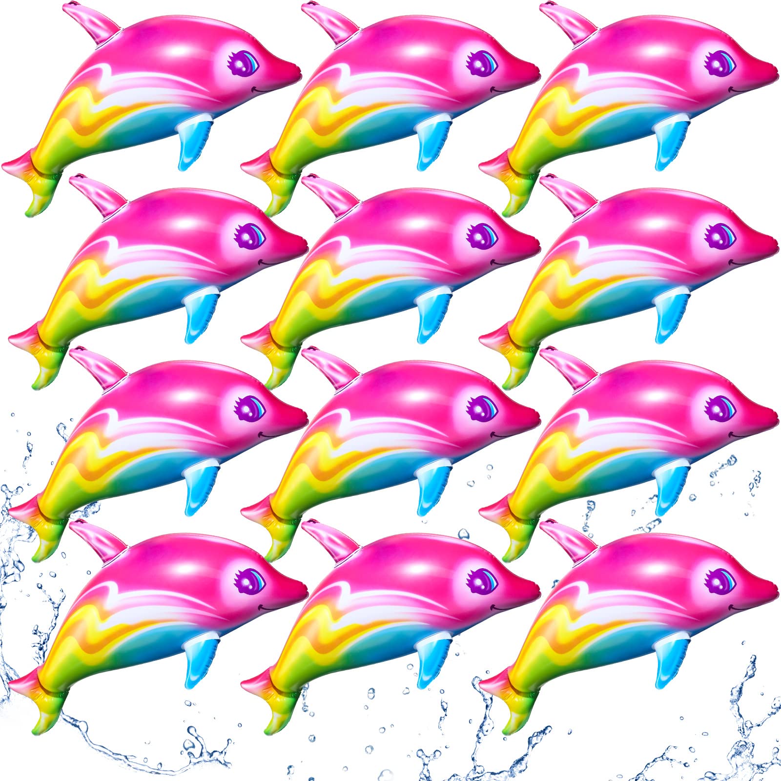 Photo 1 of 12 Pcs Large Rainbow Dolphin Inflate 33.5 Inch Summer Inflatable Pool Toys Colorful Inflatable Dolphin for Beach Birthday Party Decoration Poolside Aquatic Themed Decor
