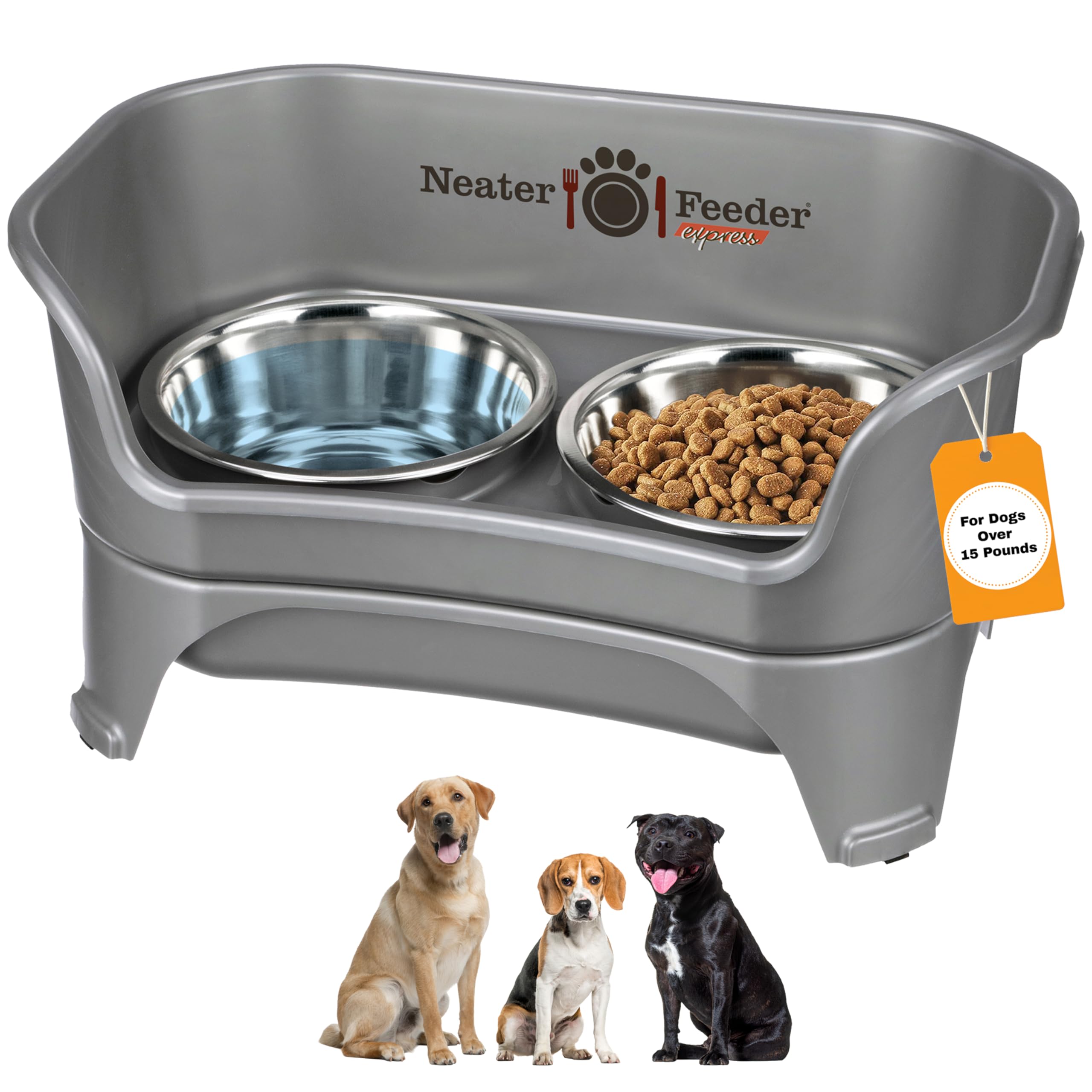 Neater Feeder Express Elevated Dog Bowls by Neater Pet Brands – Dog Bowls with Stand - Stainless Steel Food and Water Raised Bowl Set for Medium to Large Dogs, Gunmetal