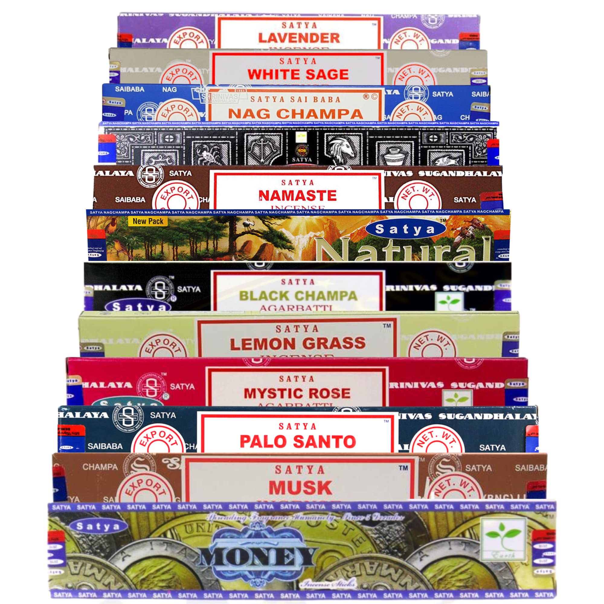 SAMASIA Satya Mix 12 incense set 6 - Money, Musk, Palo Santo, Mystic Rose, Lemon Grass, Black Champa, Natural, Namaste, Super Hit, Agarbatti, White Sage etc and comes with incense holder