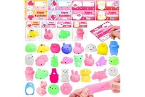 AMENON 28 Pack Valentines Animals Mochi Squishies with Cards Classroom Valentine's Day Gifts for Kids Prefilled Kawaii Bear Stress Relief Squeeze Fidget Toys Exchange Favor Prizes School Goodie Bag