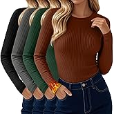 Velvelhall 4 Pack Women's Thermal Long Sleeve Shirt Ribbed Cotton Slim Tops Crew Neck Basic Undershirt Stretch Layer Blouses