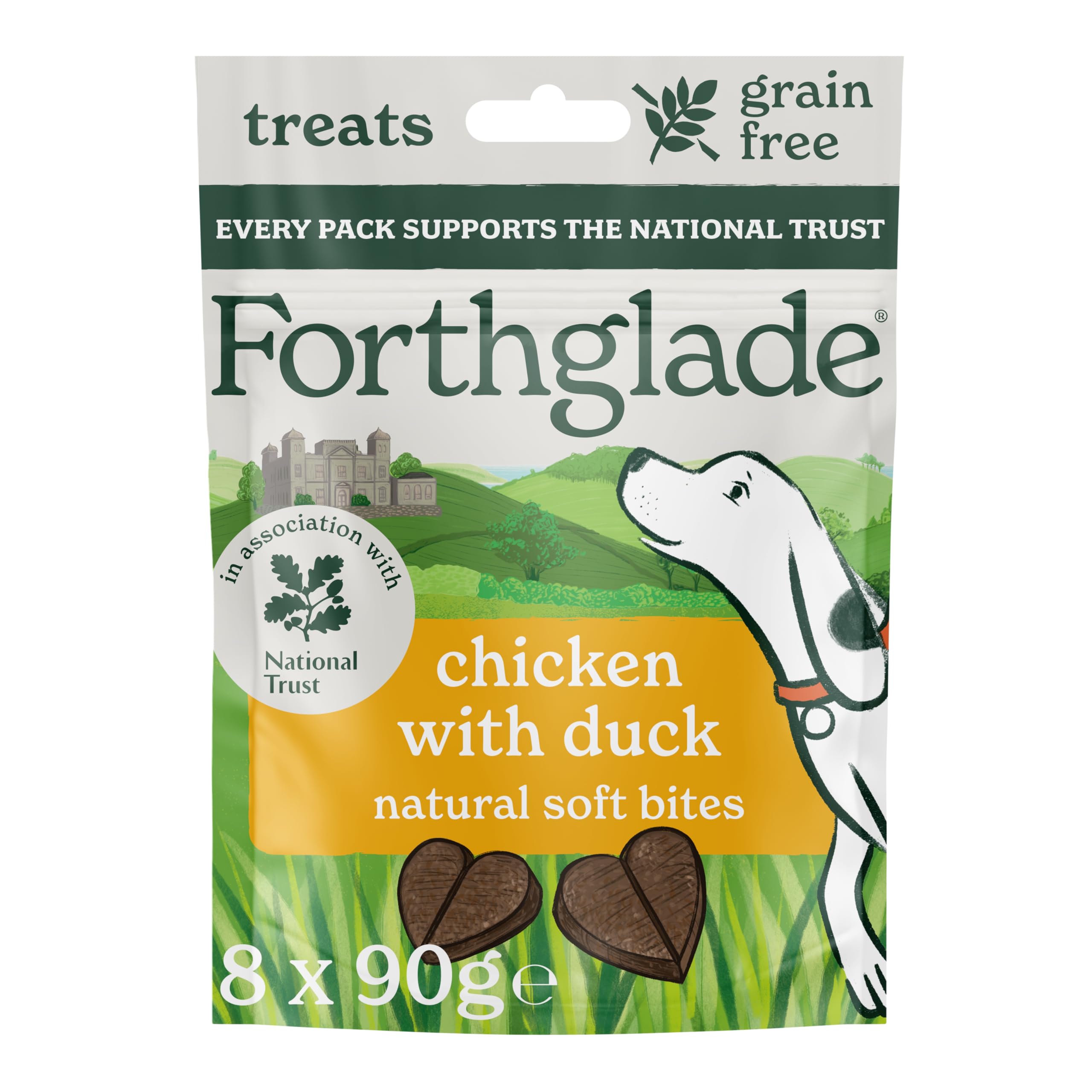 Forthglade National Trust Natural Dog Treats (8 x 90g Bags) - Hypoallergenic & Grain Free Dog Treats, Chicken with Duck, Gourmet Natural Soft Bites, Resealable Bags