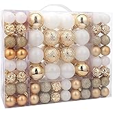 ISULIFE 87ct Christmas Ball Ornaments Set Shatterproof Seasonal Hanging Decorations with Reusable Hand-held Gift Package for Xmas Tree Holiday Party and Home Decor, Gold