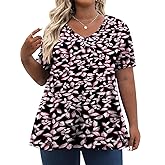Tencede Womens Plus Size Tops Short Sleeve Tunic Shirts V Neck Summer Floral Loose Fit Blouse XL-5X