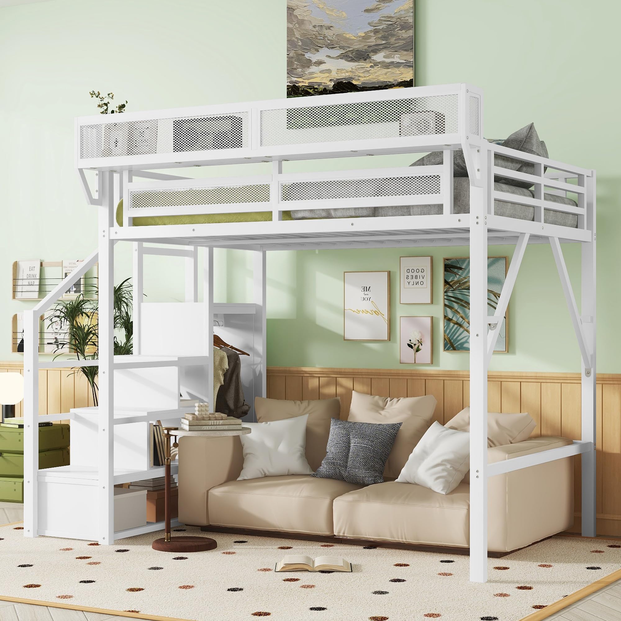 Photo 1 of **PARTIAL SET/check clerk comments**
KEIKI Full Size Metal Loft Bed Frame with Convertible Staircase, Built-in Storage Shelves & Wardrobe, Loft Bed with Solid Slats & Guardrail, No Box Spring Required, Easy Assembly, for Bedroom, White