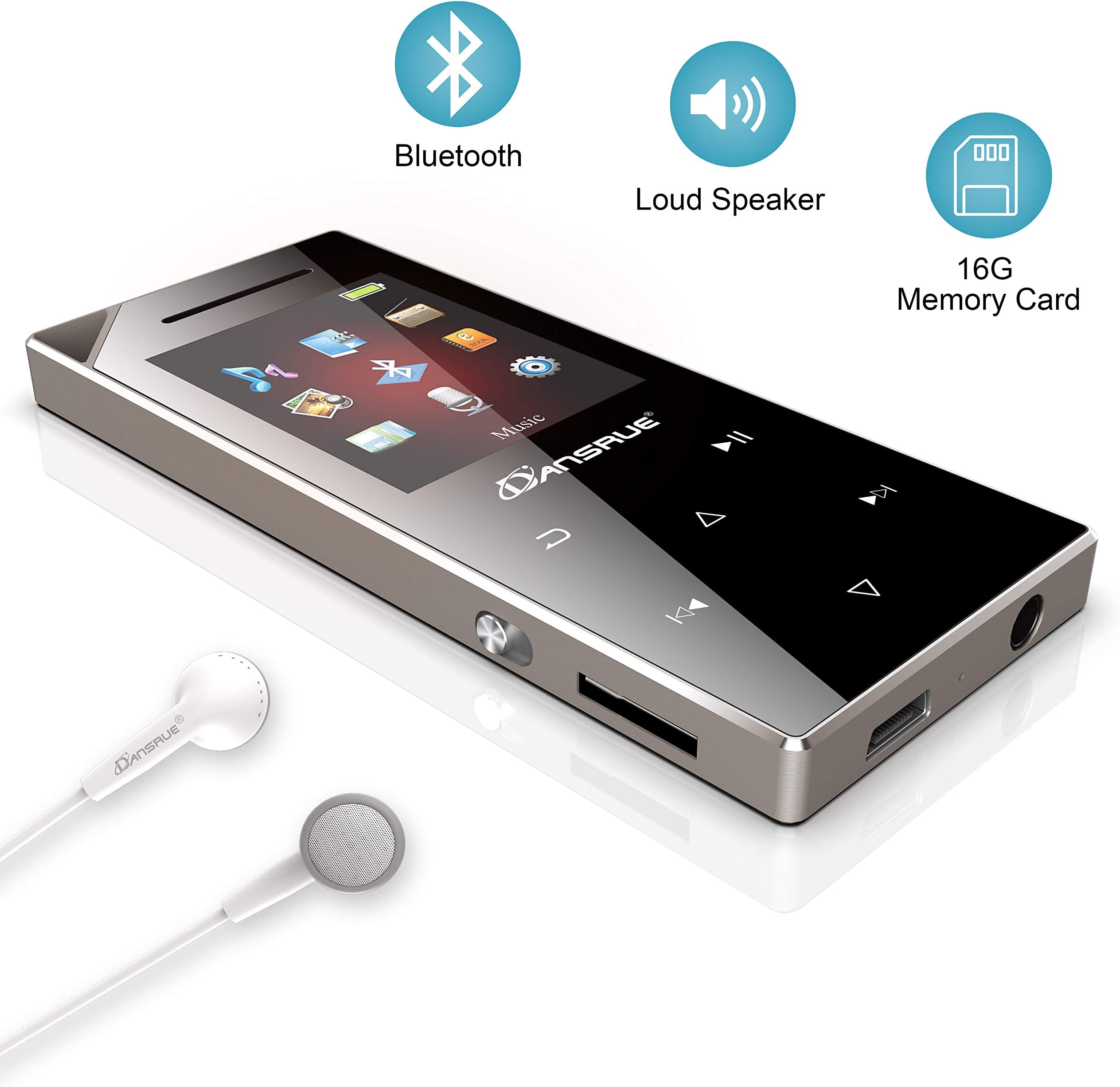 16GB MP3 Music Player with Bluetooth 4.0, 2018 Upgraded Dansrue Portable Digital Music Audio Player with FM Radio/Speaker, 60 Hours Playback Time, Metal Shell Touch button (Expandable Up to 128GB)
