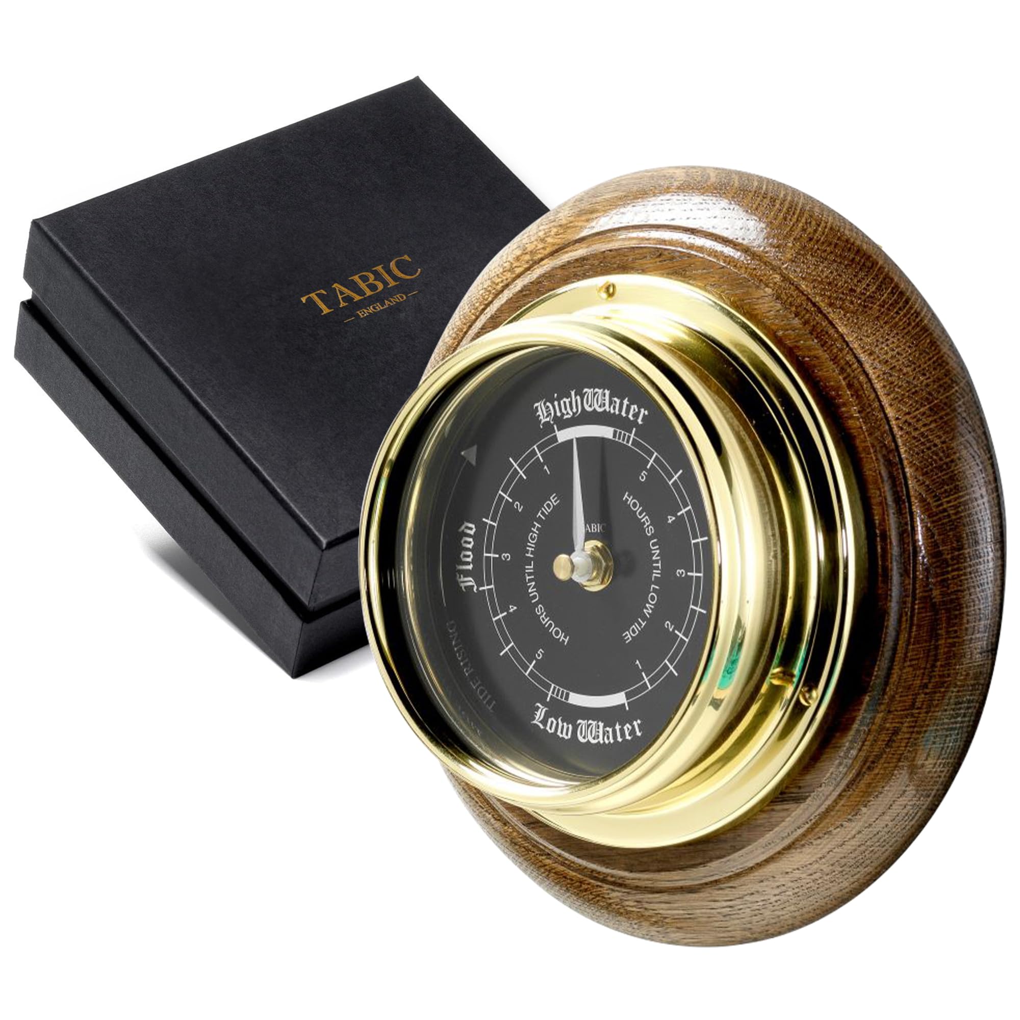 Tabic Prestige Brass Tideclock With Jet Black Dial, Mounted On a Solid English Oak Mount, Handmade in England