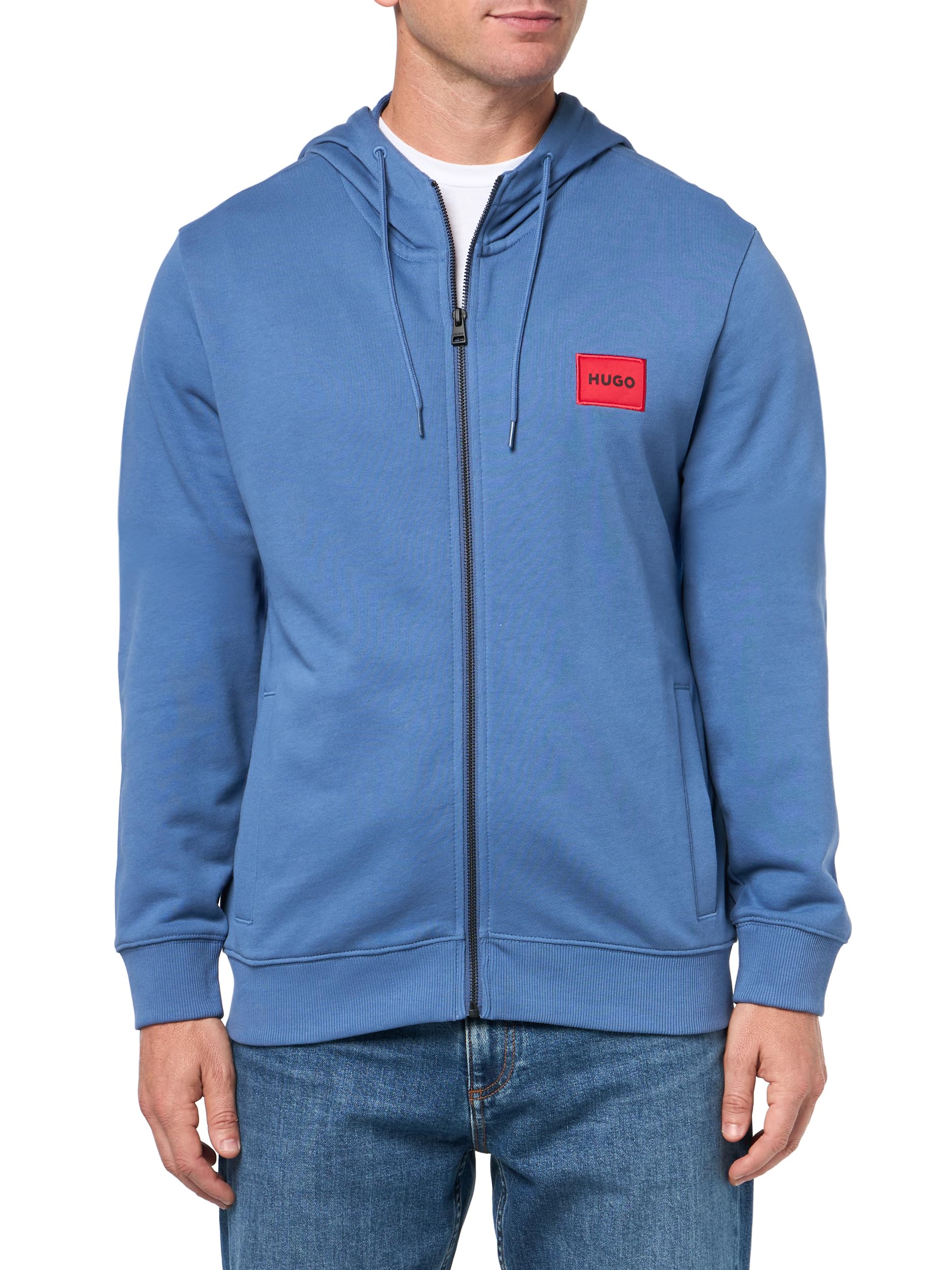 HUGO, Regular Fit Square Logo Jersey Hooded Zip Up Sweatshirt, bijou blue, XXL