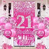Pink 21st Birthday Decorations for Girls Women Pink Happy 21st Birthday Door Cover Banner & 18Pcs Happy 21st Birthday Balloons Decorations for Hot Pink 21st Birthday Anniversary Party Supplies