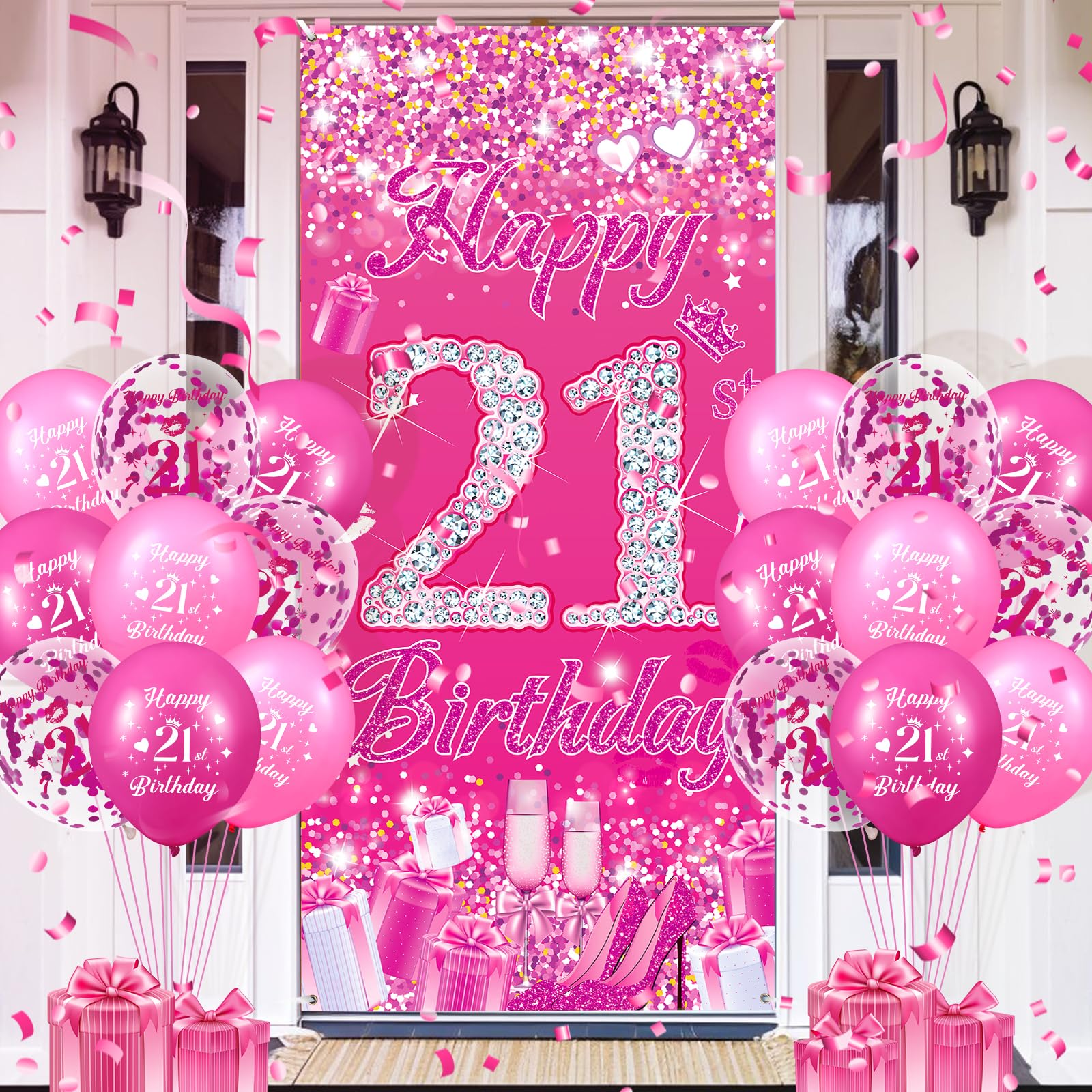 Photo 1 of Pink 21st Birthday Decorations for Girls Women Pink Happy 21st Birthday Door Cover Banner & 18Pcs Happy 21st Birthday Balloons Decorations for Hot Pink 21st Birthday Anniversary Party Supplies