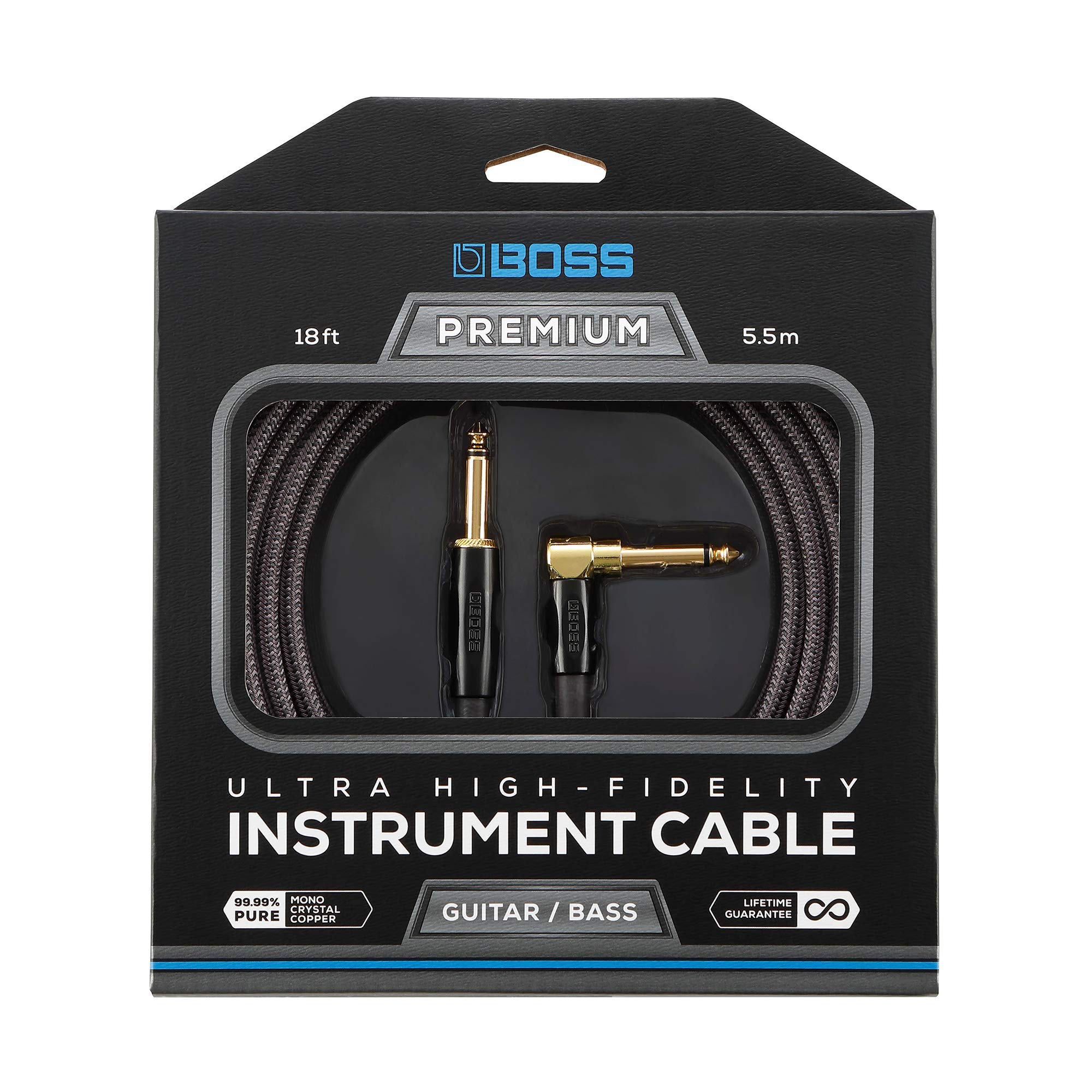 BOSS BIC-P18A Ultra High-Fidelity Instrument Cable – 18ft / 5.5m – Straight to Right-Angled 1/4" 24K Gold Connectors – For Guitar and Bass giving Superior Tone, Noise Reduction and Lasting Durability