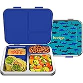 Bentgo Kids Stainless Steel Prints Leak-Resistant Lunch Box - 3-Compartments with Bonus Silicone Container, Durable, Eco-Friendly, Dishwasher Safe, BPA-Free, Ideal for School, Ages 3+ (Shark)
