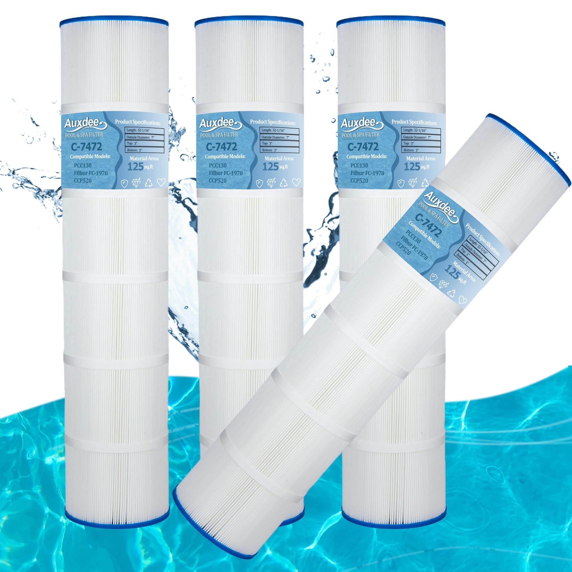 Photo 1 of Auxdee CCP520 Pool Filter Cartridges Replaces Pentair 520, Unicel C-7472, R173578, PCC130, PCC130-PAK4, Filbur FC-1978, 178585,FC-6475, 125 Sq. Ft, L x OD: 32 1/16"x7", 4 Pack