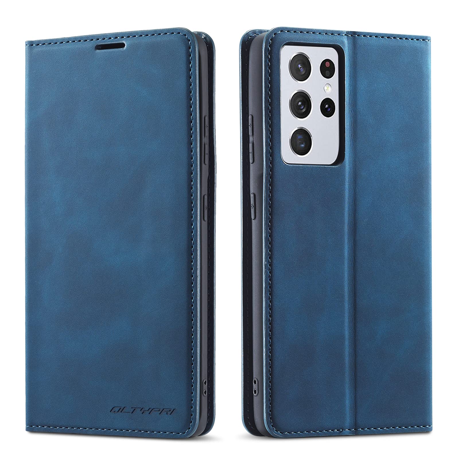 QLTYPRI Case for Samsung Galaxy S21 Ultra 5G, Premium PU Leather Cover TPU Bumper with Card Holder Kickstand Hidden Magnetic Adsorption Flip Wallet Case Cover for Samsung Galaxy S21 Ultra 5G - Blue