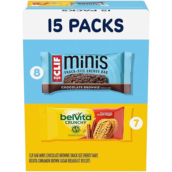 CLIF BAR MINIS ENERGY BARS & BELVITA CRUNCHY BREAKFAST BISCUITS, SNACK VARIETY PACK, 15 SNACK PACKS