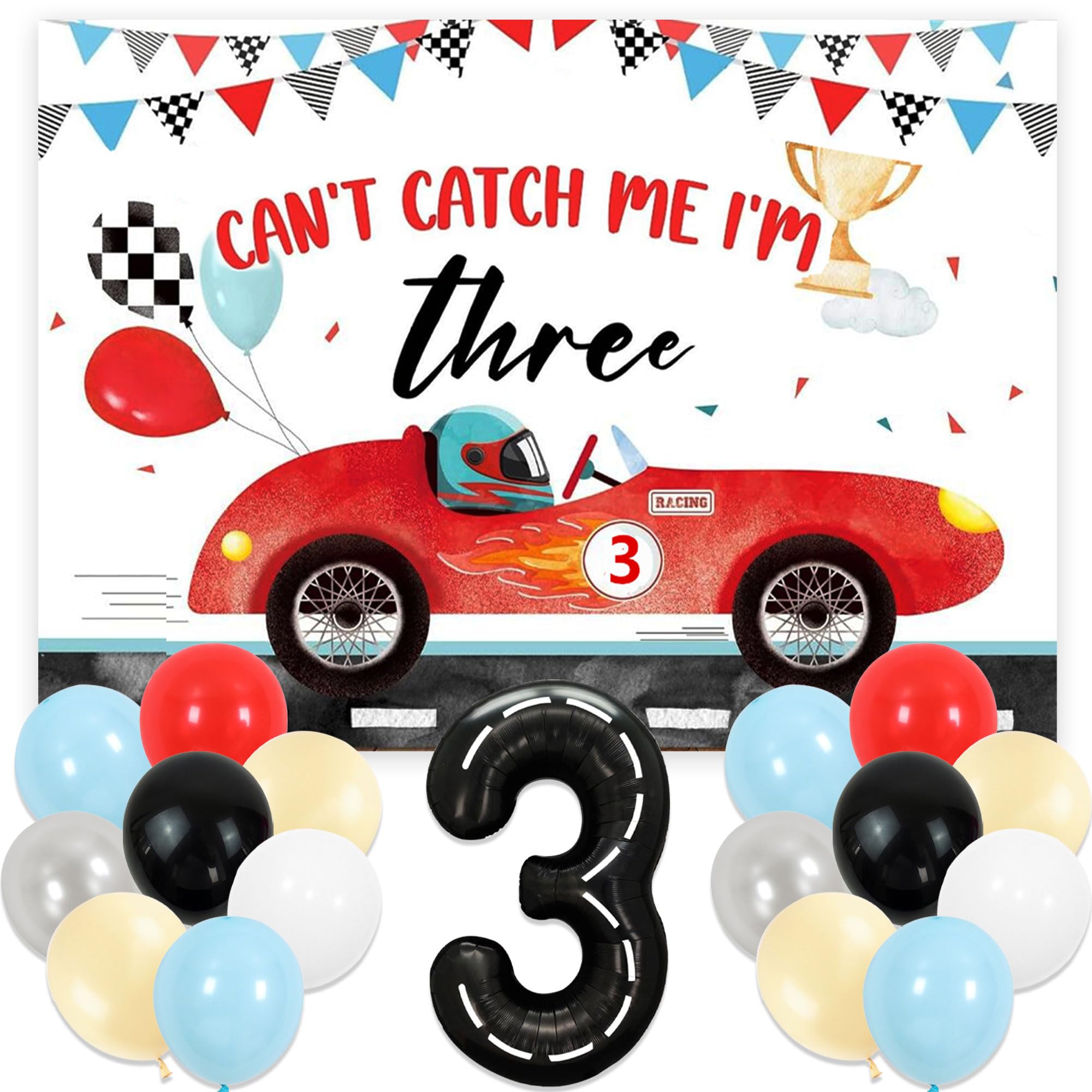 Photo 1 of Cant Catch Me Im 3 Birthday Decorations Cars Backdrop 3 Year Old Boy Birthday Decorations