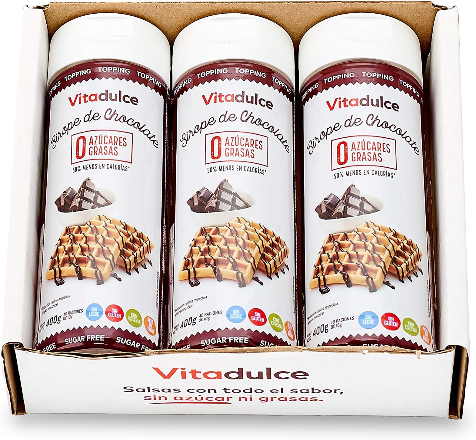 Sugar-Free Chocolate Syrup, Chocolate Topping, Low-Calorie Syrup 400 gr. Pack 3 ud - Vitadulce