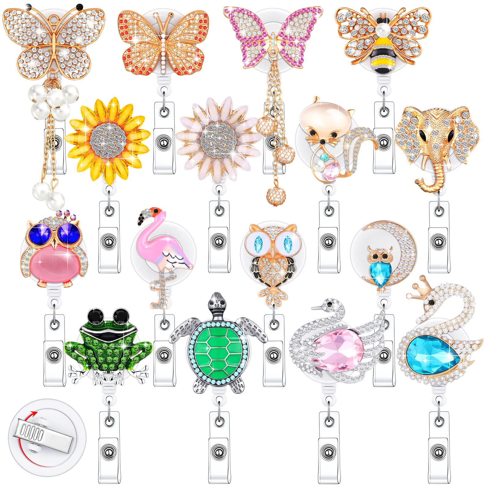 Photo 1 of Teling 16 Pcs Nurse Badge Holder Sunflower Butterfly Holder Clip Animal Style Bling Rhinestone Badge Reels with Clip for Nurse Doctors Volunteer ID Name Card Teacher Office Gift