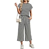 Sweetmoon 2 Piece Sets for Women Summer Outfits - Short Sleeve Travel Outfits with Wide Leg Crop Pants, Lounge Sets for Women