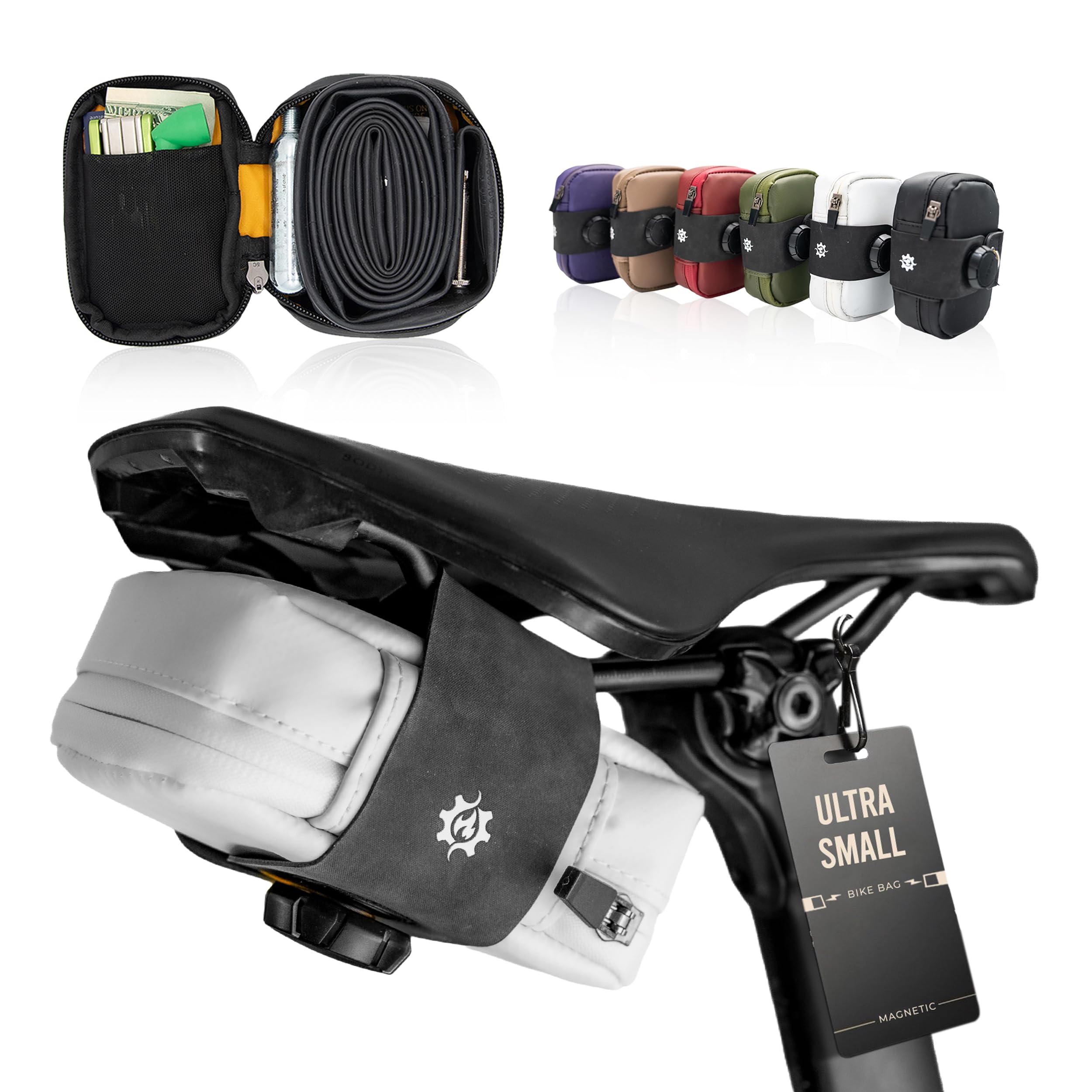 Lumiere & Co. Falcon Magnetic Saddle Bag – 0.37L | 5"x 3"x 1.5" | Sleek Minimalist Design, Fast Magnetic Buckle Attachment | Cycling Bike Bag (White, Small)