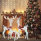 PullCrease 3-Piece Christmas Lighted Reindeer Family 3D Christmas Decorations Outdoor Yard Large Holiday Iridescent LED Light up Deer Set for Yard Lawn Indoor Outdoor Party Decor