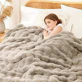 L'AGRATY Faux Fur Throw Blanket – 50x60 Inch Soft Fluffy Rabbit Fur Blanket, Reversible, Light Linen Color