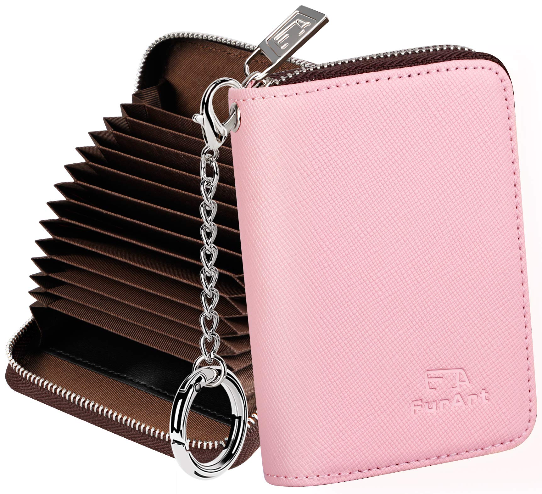 FurArt Credit Card Wallet, Zipper Card Cases Holder for Men Women, RFID Blocking, Key Chain, 14 Slots, Compact Size (Pink)