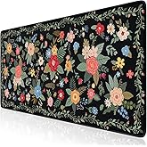 iCasso Floral Desk Mat for Keyboard and Mouse,Cute Gaming Mouse Pad XXL,Anti-Slip Desk Matt for Desktop,Soft Lycra Surface Computer Mat Women,Girly Big Mousepad for Home Office (Black Floral)