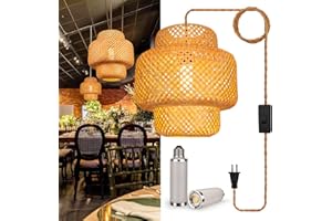 YIIZON Plug in Pendant Light Hanging Lamp with Handmade Bamboo Lampshade ON/OFF Switch Boho Modern Rustic Country Natural Basket Hanging Light with Plug in Cord