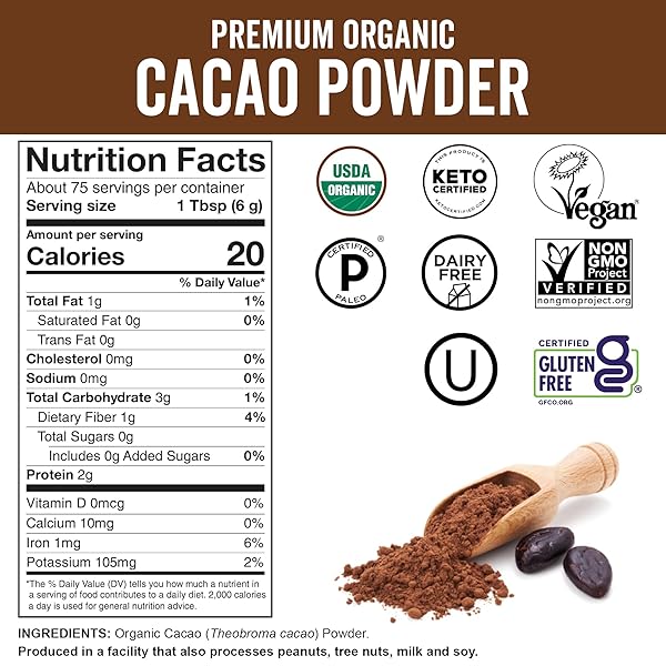 VIVA NATURALS ORGANIC CACAO POWDER, 1LB – UNSWEETENED CACAO POWDER WITH RICH DARK CHOCOLATE FLAVOR, PERFECT FOR BAKING & SMOOTHIES, NON-GMO, CERTIFIED VEGAN & GLUTEN-FREE, 454 G