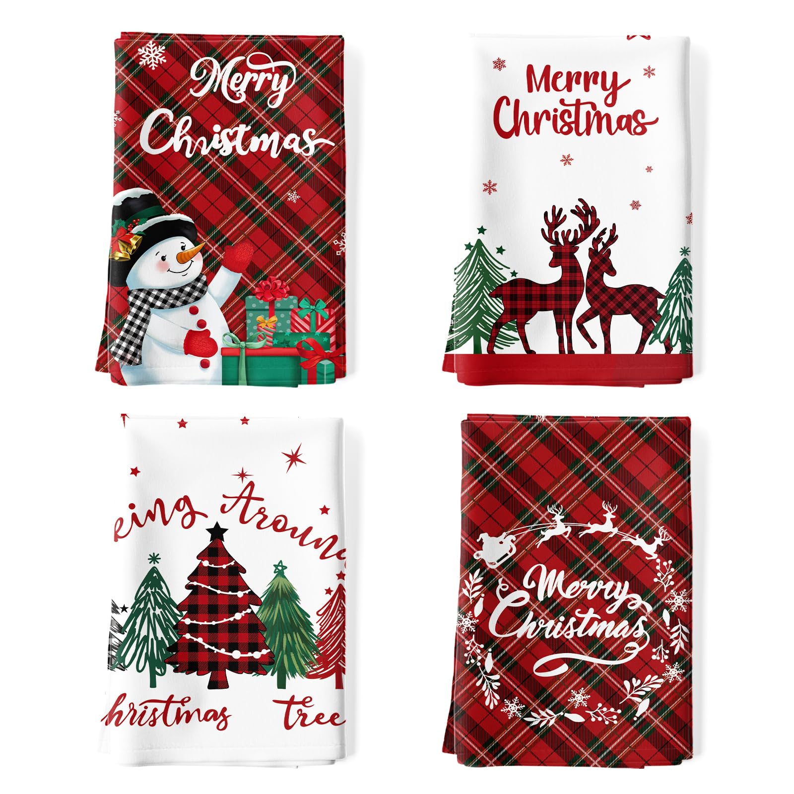 Arquiel 4 Pcs Snowman Kitchen Towel 100% Cotton Winter Absorbent Dish Towel 70 x 48 cm Housewarming Christmas Tree Decorative Hand Towel for Dining Home