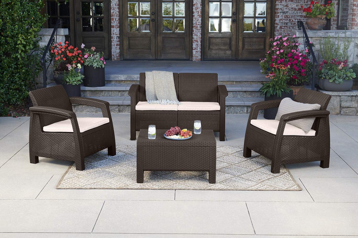 Keter Corfu Resin Wicker Outdoor Loveseat Patio Couch with Washable Cushions - Perfect for Balcony, Deck, and Poolside Seating and Furniture Sets, Brown : Patio Loveseats : Garden & Outdoor