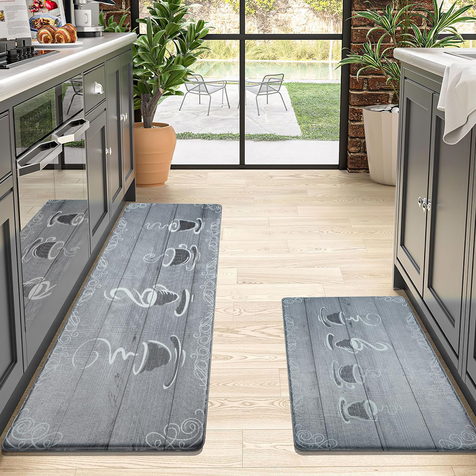 Alishomtll Kitchen Mats Non Slip Waterproof, Pieces PVC Anti-Fatigue Kitchen Rugs Set, Stain-Resistant Wipeable Kitchen Runner Easy Clean Standing Mats for Kitchen Floor 44x75+44x150cm Coffee-2