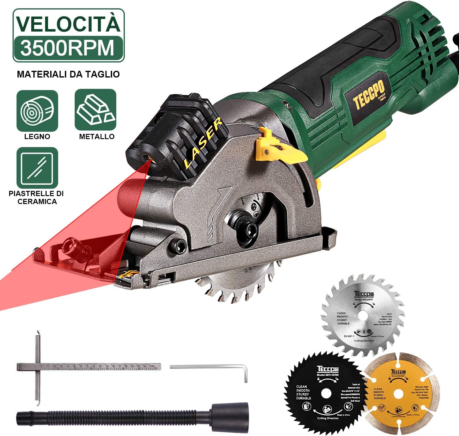 Circular saw, TECCPO 3500RPM Mini Circular saw, Laser guide, Cutting depth: 27MM, 3 blades Ø 85 mm, Tube for vacuum cleaner, Suitable for wood, plastic, soft metal and diamond - TAPS22P