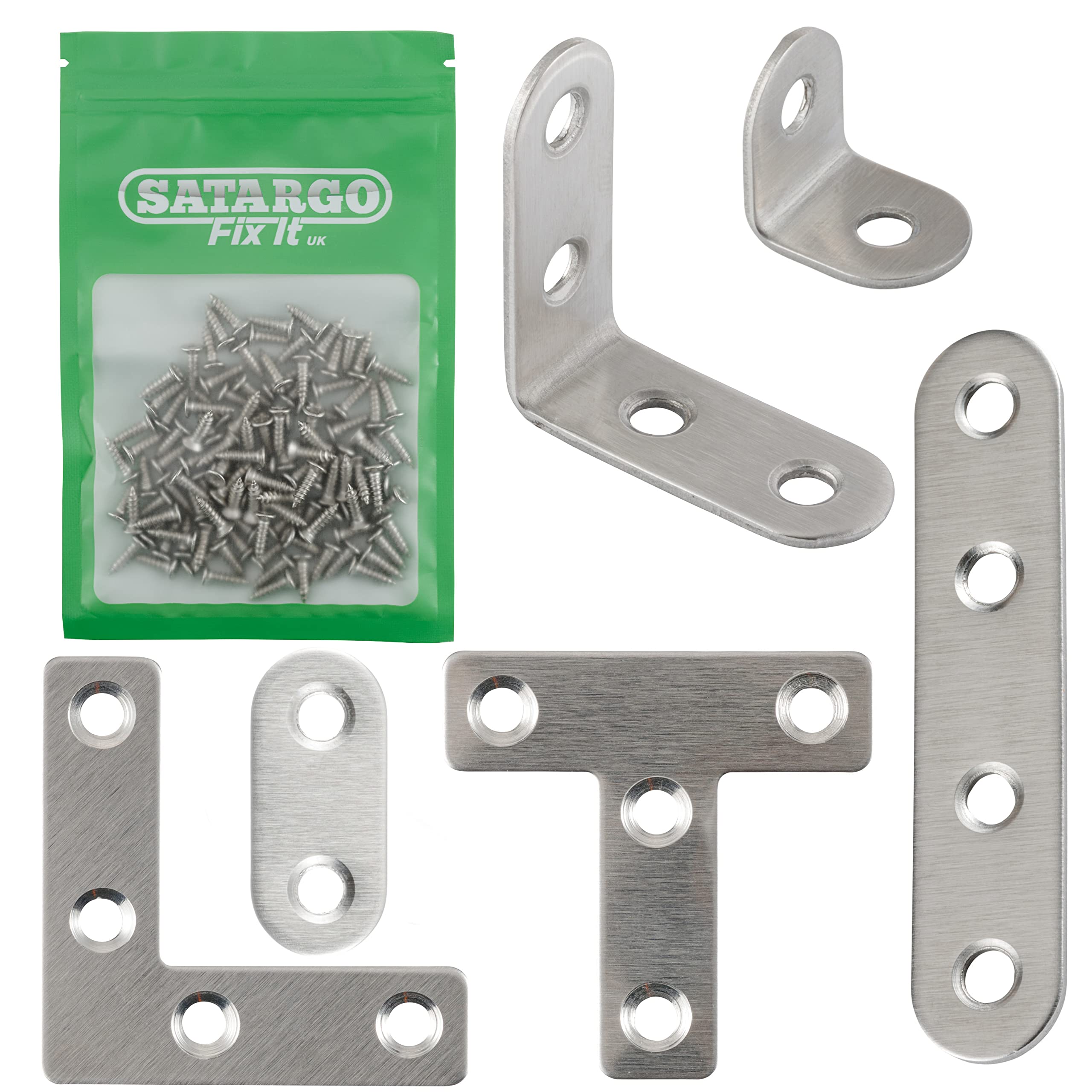 Satargo Joining Bracket and Flat Plate Assortment Heavy Duty Stainless Steel Fixing Plates with Screws - T-Shaped & L-Shaped - Corner & Angle Braces - for Repairing Wood Furniture (72pc Bracket Set)