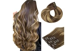 HOTBANANA Human Hair Clip in Hair Extensions, Balayage Chocolate Brown Mixed Caramel Blonde 120g Clip in Hair Extensions Real Human Hair Straight Remy Hair Clip Ins Dark Roots Ombre 18 Inch 7pcs