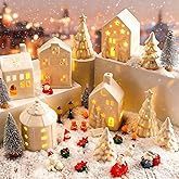Barydat 30 Pcs White Christmas Village Set Mini Figurines 5 LED Lighted Ceramic Houses 5 Porcelain Xmas Tree 12 Xmas Tree Santa Accessories Christmas Village Collection Kit for Table Decoration